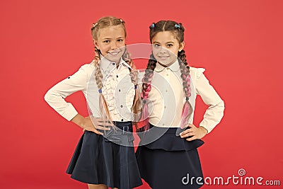 Schoolgirls with cute hairstyle and happy smiles. Best friends excellent pupils. Schoolgirls tidy appearance glad to Stock Photo