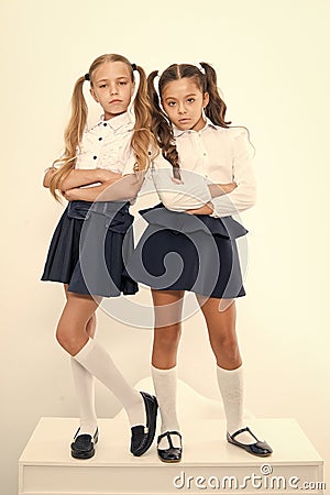 Schoolgirls haughty arrogant with ponytails hairstyle. Best friends excellent pupils. Perfect schoolgirls tidy fancy Stock Photo
