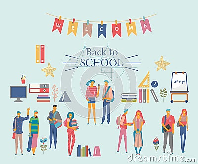 Schoolgirls, schoolboys with books, backpacks and school bags. Back to school vector illustration. Happy and smiling te Vector Illustration