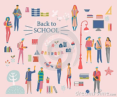 Schoolgirls, schoolboys with books, backpacks and school bags. Back to school vector banner. Happy and smiling te Vector Illustration