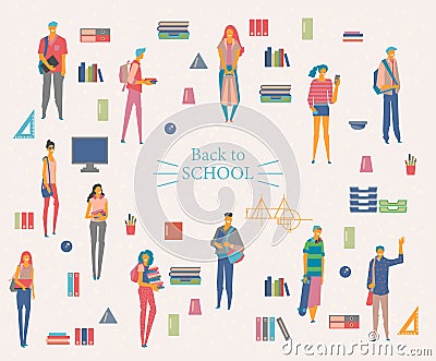 Schoolgirls and schoolboys with books, backpacks and school bags. Back to school vector poster in flat style. Happy and smiling te Vector Illustration