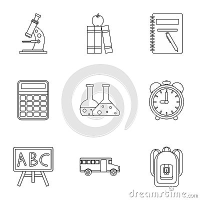 Schoolhouse icons set, outline style Vector Illustration