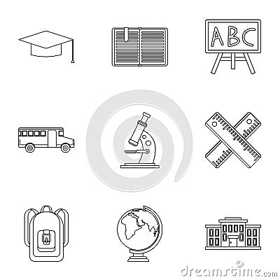 Schooling icons set, outline style Vector Illustration