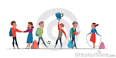 Schoolkids having break vector illustrations set Vector Illustration