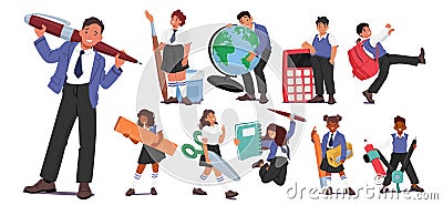 Schoolkids Lugging Oversized Stationery, Giant Pencils And Colossal Erasers, Backpack, Globe, Calculator and Pen Vector Illustration