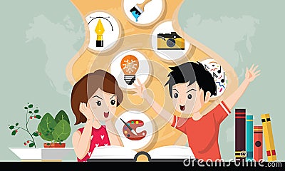 Schoolkids openning book. Concept of back to school, education, imagination. Student boy and girl reading about Art, supplies and Vector Illustration