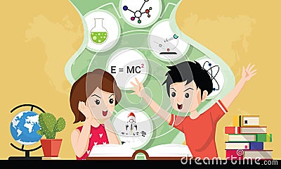 Schoolkids openning book. Concept of back to school, education, imagination. Student boy and girl reading about Science, supplies Vector Illustration