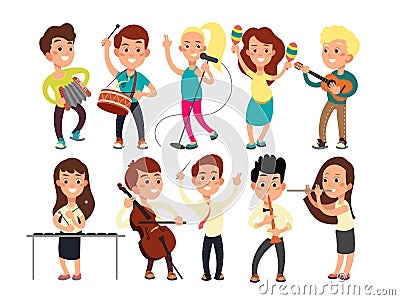 Schoolkids playing music on stage. Children musicians performing music show Vector Illustration