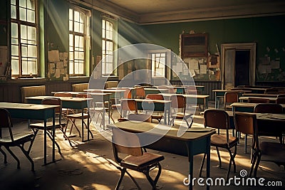 Schoolroom Serenity: An Unoccupied Classroom with Desks and Tables. Generative By Ai Stock Photo