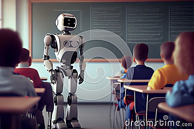 Schools of future. Smart self automated robot looking at the pupils while giving them a lesson Cartoon Illustration