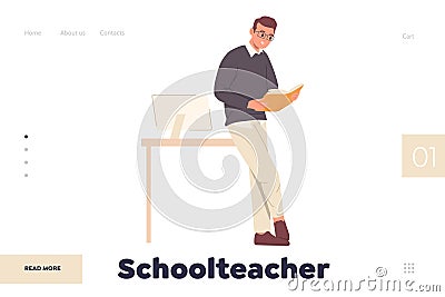 Schoolteacher landing page or web banner design with man tutor standing in classroom Vector Illustration