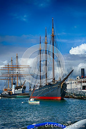 Schooner C. A. Thayer and square rigged ship Balcutha Editorial Stock Photo