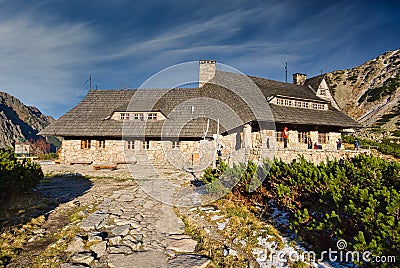 Schronisko PTTK w Dolinie Pi?ciu Stawów Polskich in Polish High Tatras during autumn Stock Photo