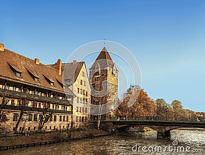 Schuldturm Tower Debtor prison, built in 1323 and the Heubruecke bridge, Nuremberg, Bavaria, Stock Photo