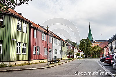 The Schultz gate St and their wooden colored buildings at the city centr of Trondheim, Norway Stock Photo
