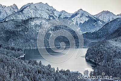 Schwansee at wintertime, Bavarian Alps, Germany Stock Photo