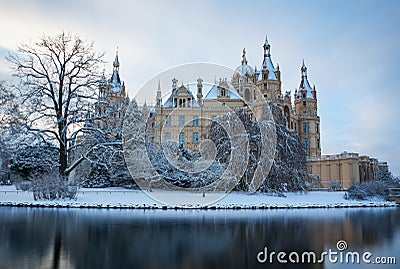 The Schwerin fairytale castle in the snow in germany winter Editorial Stock Photo