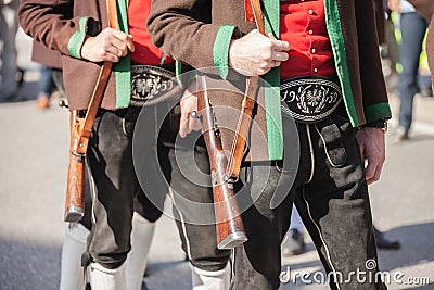 SchÃ¼tzen in typical costume during an autumn local celebration in Val Isarco South Tirol Editorial Stock Photo