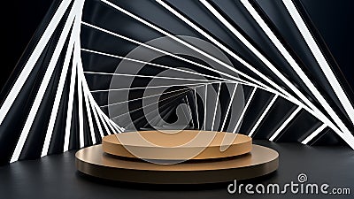 Sci-fi abstract scene with golden round stage, pedestal or podium in hi-tech tunnel interior with bright lights in dark Cartoon Illustration