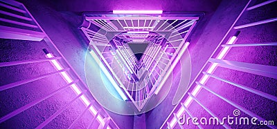 Sci Fi Alien Hi Tech Vibrant Realistic Triangle Shaped Metal Construction With Neon Glowing Ultraviolet Purple Blue Lights Grunge Stock Photo