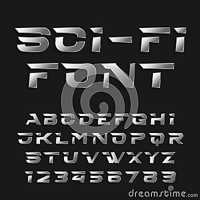 Sci-fi alphabet vector font. Futuristic chrome effect type letters and numbers. Vector Illustration