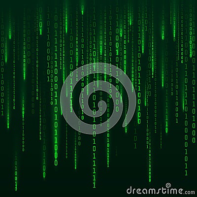 Sci-fi Background. Binary computer code. Green digital numbers. Matrix of binary numbers. Futuristic hacker abstraction backdrop. Vector Illustration