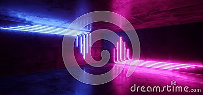 Sci Fi Blue Pink Purple Neon Futuristic Cyberpunk Glowing Retro Modern Vibrant Lights Laser Show Empty Stage Room Hall Reflective Stock Photo