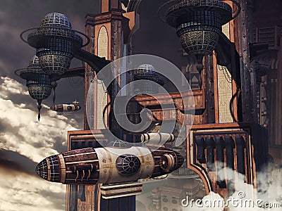 Sci-fi building and zeppelin Stock Photo