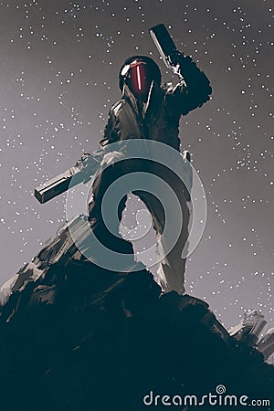 Sci-fi character in futuristic suit holding two guns Cartoon Illustration