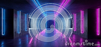 Sci Fi Cirlce Track Path Neon Cyber Futuristic Modern Retro Alien Dance Club Glowing Purple Pink Blue Lights In Dark Empty Grunge Stock Photo