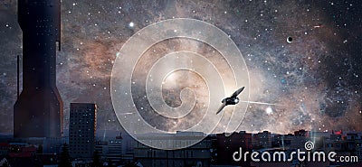 Sci-fi city with planet, nebula and spaceships, Elements furnish Stock Photo