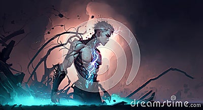 The sci-fi concept depicts a male cyborg recovering energy, illustration painting Cartoon Illustration