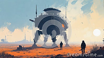 Sci-fi contruction in the desert Cartoon Illustration