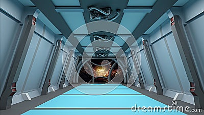 Sci fi corridor with view of space galaxy 3d render Stock Photo