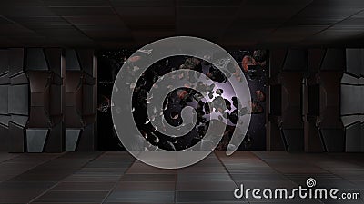 Sci fi corridor with view of space galaxy 3d rendering Stock Photo