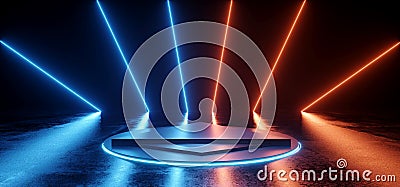 Sci Fi Cyber Empty Stage Podium Futuristic Neon Glowing Orange Blue Vibrant Electric Laser Lights On Tiled Stone Cement Asphalt Stock Photo