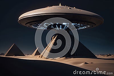 Sci-fi 3D Render of landing alien UFO on Egyptian Pyramids in Desert Cartoon Illustration