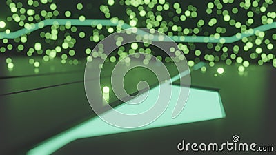 Sci-fi 3d rendering of single green glowing particle on floor with futuristic glowing designs and glowing particles in background Stock Photo