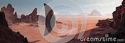 SCI-FI in the desert with a monolith-shaped spaceship alien resting on the surface of the desert and another small ship heading Stock Photo