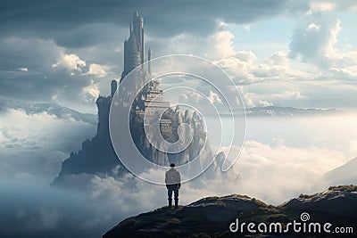 Sci-Fi Dream: Man Gazing at Ethereal Castle in Epic Vista Wins Photography Award Stock Photo