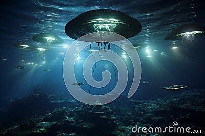 UFO in bottom of the ocean and swimming underwater. Generative AI Stock Photo