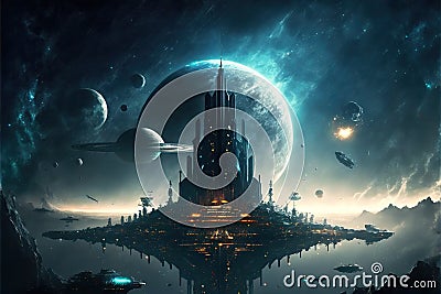 Sci-fi fantasy floating city in the vastness space Stock Photo