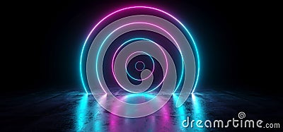 Sci-Fi Futuristic Abstract Gradient Blue Purple Pink Neon Glowing Circle Round Shape Tubes On Reflection Concrete Floor Dark Stock Photo