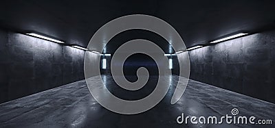 Sci Fi Futuristic Concrete Grunge Reflective Spaceship Led Laser Panel Stage Metal Structure Lights Long Hall Room Corridor Tunnel Stock Photo