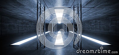 Sci Fi Futuristic Concrete Grunge Reflective Spaceship Led Laser Panel Stage Metal Structure Lights Long Hall Room Corridor Tunnel Stock Photo