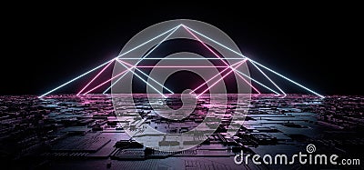 Sci Fi Futuristic Cyber Virtual Schematic Motherboard Floor Texture Refelctive Neon Glowing Triangle Shaped Arc Lines Purple Blue Stock Photo