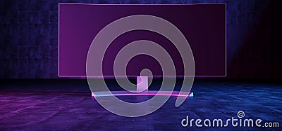 Sci Fi Futuristic Gaming Computer Pc Monitor Empty Screen Realistic Concrete Room Floor Wall Glossy Realistic Screen 3D Rendering Stock Photo