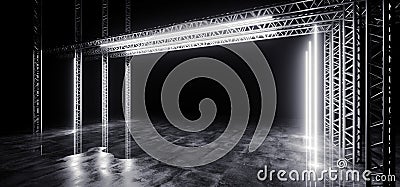 Sci-FI Futuristic Modern Dark Stage Structure On Concrete Wet Floor With White Glowing Neon Tube Lights Empty Space Wallpaper Stock Photo