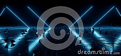 Sci Fi Futuristic Neon Laser Blue Vibrant Glowing Lights Dark Night On Schematic Textured Metallic Refelctive Hi Tech Floor WIth Stock Photo