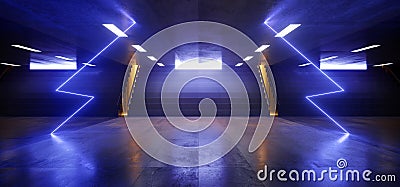 Sci Fi Futuristic Neon Lights Arrow Shape Hall Dark Empty Underground Tunnel Corridor Stairs Signs Lights Purple Blue Glowing Stock Photo